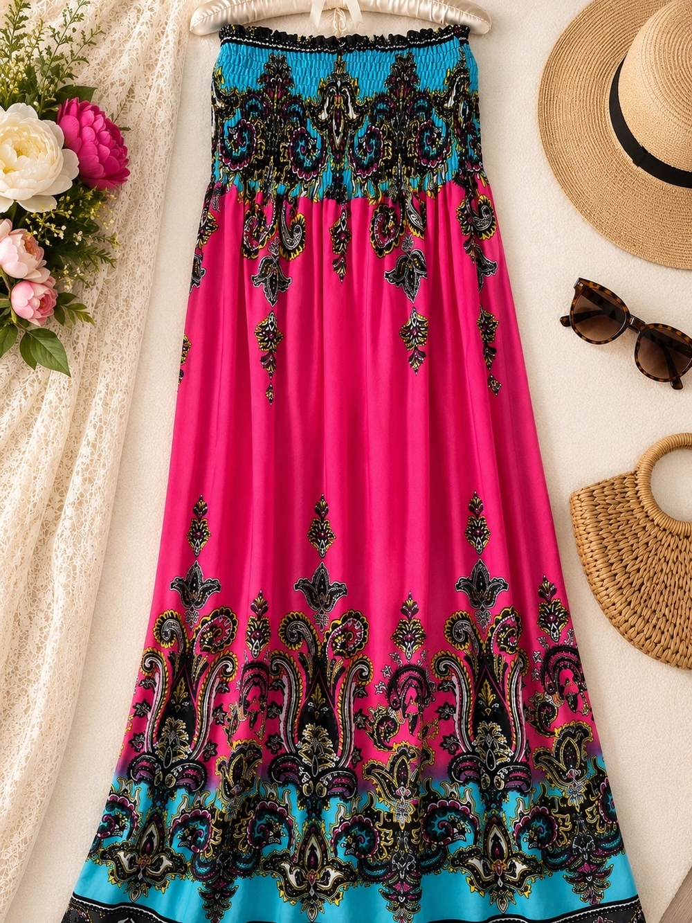 She's Cool Pink Paisley Strapless Maxi Dress XL Boho